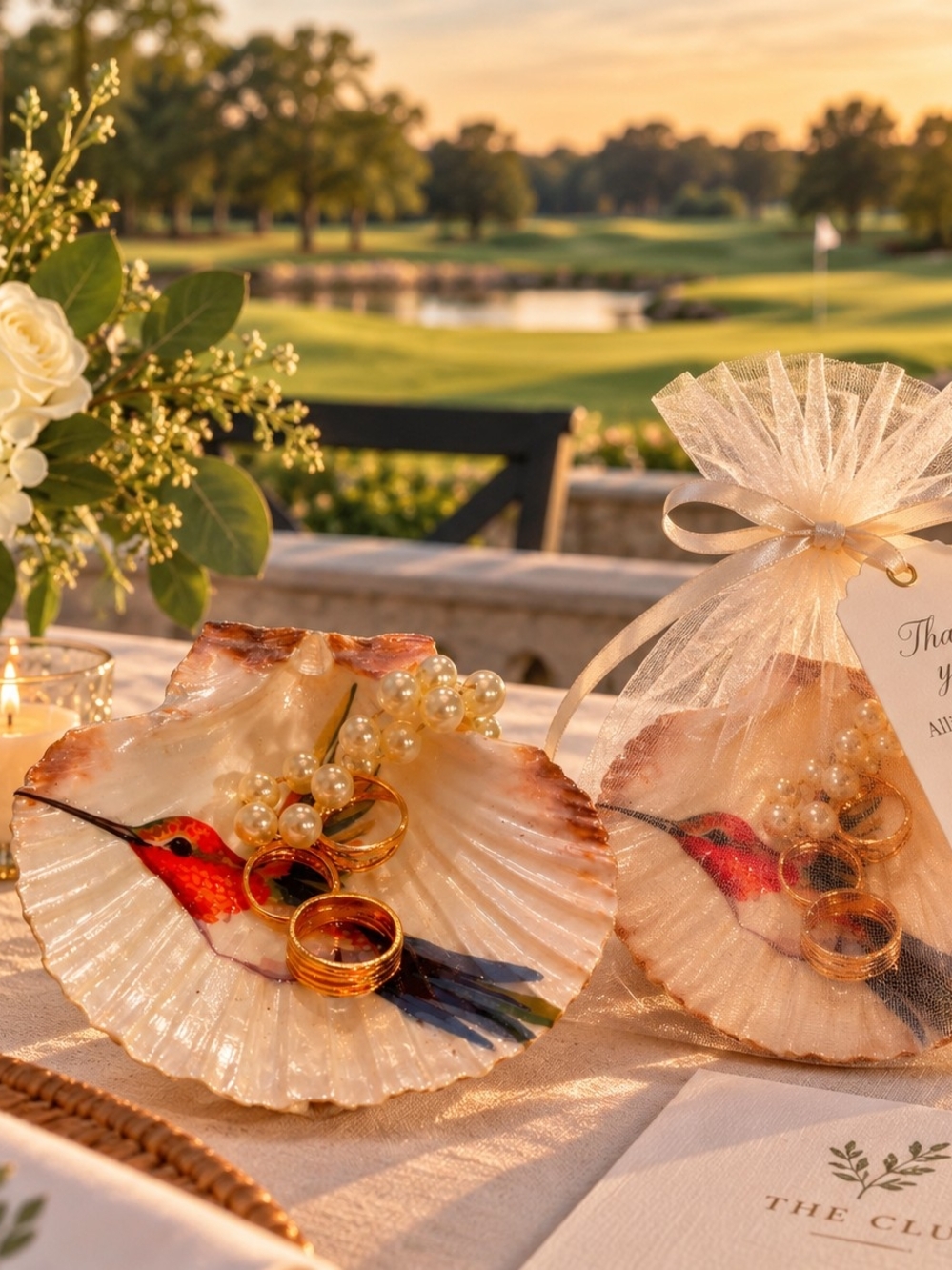 Elegant Scallop Shell Wedding Favor - Jewlery Dish - Pearl with Red Hummingbird